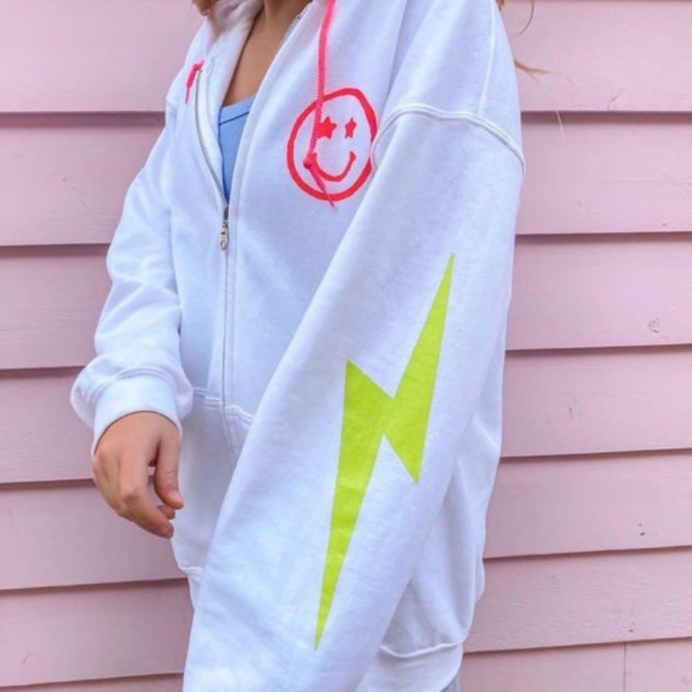 White Full zip hoodie with smiley face and lightning bolt sweatshirt